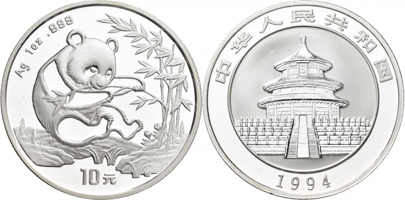 China - Volksrepublik: 10 Yuan 1994, China Panda 1 OZ Silber. Variante Großes Da...