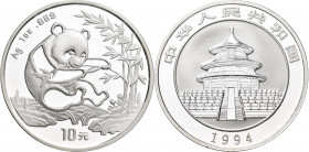 China - Volksrepublik: 10 Yuan 1994, China Panda 1 OZ Silber. Variante Großes Datum, offene 9. KM# 616, feinster Stempelglanz.
 [differenzbesteuert]