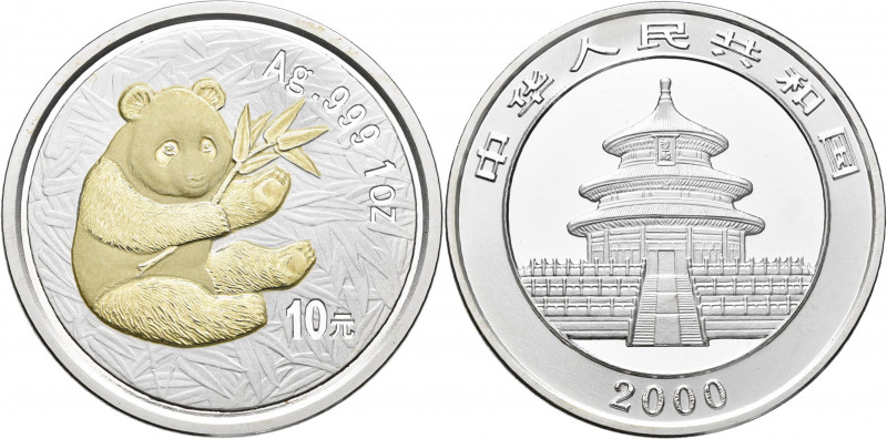 China - Volksrepublik: 10 Yuan 2000, China Panda 1 OZ Silber, gilded (Gold-Appli...