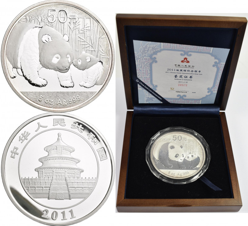 China - Volksrepublik: 50 Yuan 2011, Silber Panda, 5 OZ (155,5 g 999/1000 Silber...