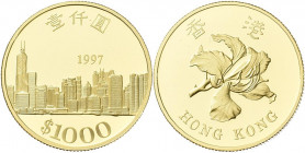 Hong Kong: 1000 Dollars 1997, Rückgabe Hong Kong an China. Skyline von Hongkong / Bauhinia. Im original Etui, mit COA der Royal Canadian Mint. KM# 71,...