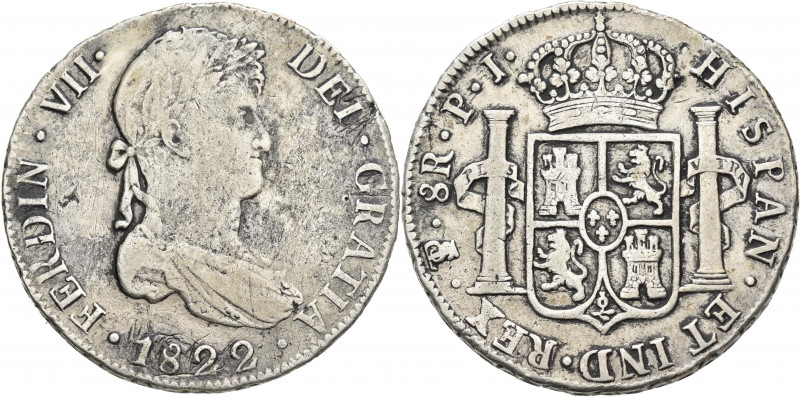 Mexiko: Ferdinand (Fernando) VII. 8 Reales 1822 PI (Potosi) für Bolivien. 26,74 ...