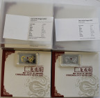 Palau: 5 Dollars 2012 Jahr des Drachen: Silberbarren Form, 25g 925/1000 Silber, mit rubinrotem Edelstein (Swarowski component), polierte Platte. 2 Stü...