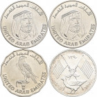 Vereinigte Arabische Emirate: Lot 4 Münzen, dabei 3 x 5 Dirhams der VAE 1981 (AH 1401) 10-Jahr und 15-Jahr-Feier (Falke) sowie Scheich Zayed Bin Sulta...