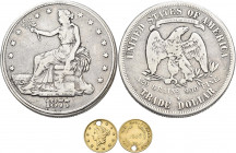Vereinigte Staaten von Amerika: ½ Dollar California Gold 1853, gelocht. Eingelegt in einem präpariertem Tradedollar 1877 S. Der Dollar wurde ausgedreh...