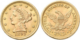 Vereinigte Staaten von Amerika: 2½ Dollars 1893 Coronet Head, KM# 72, Friedberg 114. 4,19 g, 900/1000 Gold. Winzige Kratzer und Randfehler, vorzüglich...