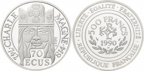 Frankreich: 500 Francs / 70 ECU 1990, Karl der Große / Charle Magne 742-814. 20 g, 999,5/1000 Platin. KM# 990a. Auflage max 2.000 Stück, in Kapsel, oh...