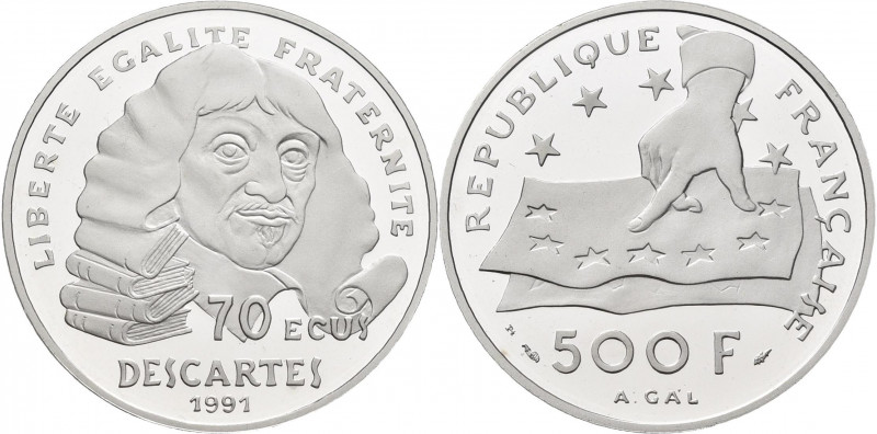 Frankreich: 500 Francs / 70 ECU 1991, Descartes, 20 g, 999,5/1000 Platin. KM# 10...