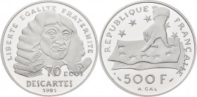 Frankreich: 500 Francs / 70 ECU 1991, Descartes, 20 g, 999,5/1000 Platin. KM# 1003a. Auflage max 2.000 Stück, in Kapsel, mit Zertifikat, polierte Plat...
