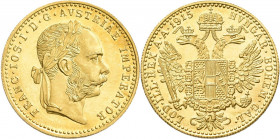 Österreich: Franz Joseph I. 1848-1916: Dukat 1915 (NP), KM# 2267, Friedberg 494. 3,49 g, 986/1000 Gold. Stempelglanz.
 [zzgl. 0 % MwSt.]