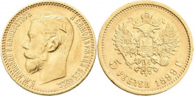 Russland: Nikolaus II. 1894-1917: 5 Rubel 1899 (ЭБ / EB - Elikum Babayantz), St. Petersburg, KM# Y62, Friedberg 180. 4,28 g 900/1000 Gold, sehr schön....
