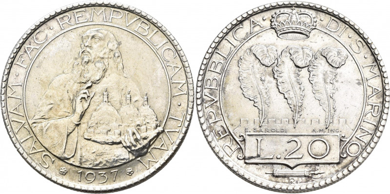 San Marino: 20 Lire 1937 R. KM# 11a, Pagani 347, Montenegro 26. 20,17g. Vorzügli...