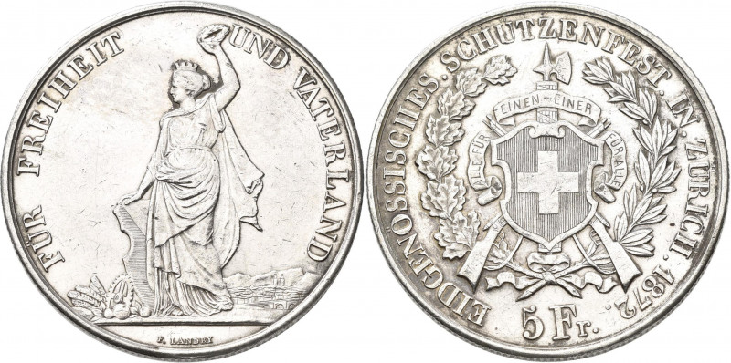 Schweiz: Eidgenossenschaft: Schützentaler zu 5 Franken 1872, auf das Eidgenössis...