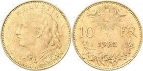 Schweiz: 10 Franken 1922 B (Vreneli), KM# 36, Friedberg 504. 3,23 g, 900/1000 Gold. Leichte Rotflecken, sonst vorzüglich.
 [zzgl. 0 % MwSt.]