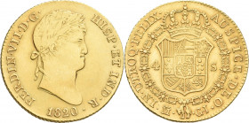 Spanien: Ferdinand (Fernando) VII. 1808-1833: 4 Escudos 1820 M-GJ Madrid. Friedberg 312. 13,49 g. Wenige Kratzer, etwas flau geprägt, fast vorzüglich....