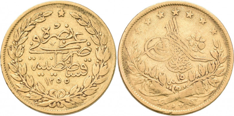 Türkei: Abdul Mejid 1839-1861 (1255-1277): 100 Kurush 1255, Jahr 15. KM# 679, Fr...