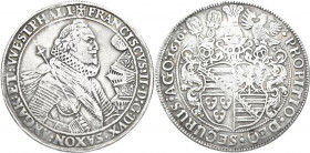 Altdeutschland und RDR bis 1800: Sachsen-Lauenburg, Franz II. 1581-1619: Breiter 1-1/4facher Reichstaler 1610, Lauenburg. 33,6g. Geharnischtes Hüftbil...