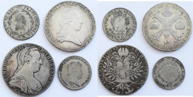 Haus Habsburg: Lot 4 Münzen, nicht näher bestimmt, dabei: 2 x 20 Kreuzer (1802 + 1842) sowie 2 x 1 Taler (1796 + 1780). Überwiegend sehr schön.
 [dif...