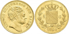 Baden: Ludwig 1818-1830: 5 Gulden 1824. Glatter Rand, große Jahreszahl. Kopf nach rechts / badischer Wappenschild zwischen Lorbeerzweigen. AKS 47, Jae...