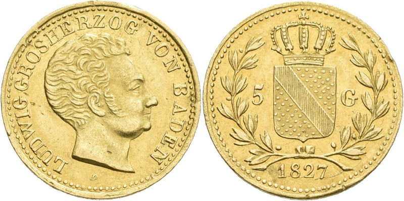 Baden: Ludwig 1818-1830: 5 Gulden 1827. Glatter Rand, kleine Jahreszahl. Kopf na...