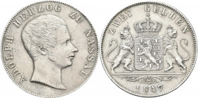 Nassau: Adolph 1839-1866: Doppelgulden 1847 (Zwey Gulden), AKS 62, Jaeger 50, Davenport 746. Gutes sehr schön.
 [differenzbesteuert]