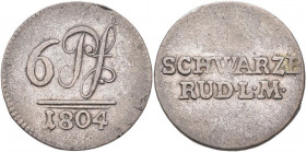 Schwarzburg-Rudolstadt: Ludwig Friedrich 1793-1807: 6 Pfennig 1804 Saalfeld, Bethe 1340 (R2), seltener Jahrgang, sehr schön+.
 [differenzbesteuert]