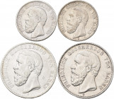 Baden: Friedrich I. 1852-1907: Lot 4 Münzen, dabei 2 Mark 1876, Jaeger 26, 5 Mark 1875 mit Querstrich im A, Jaeger 27, 2 Mark 1901, Jaeger 28 und 5 Ma...