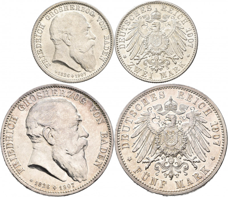 Baden: Friedrich I. 1852-1907: 5 Mark 1907 G, Auf den Tod mit Lebensdaten, Jaege...