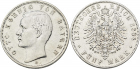 Bayern: Otto 1886-1913: 5 Mark 1888 D, Jaeger 44. Kratzer, sehr schön.
 [differenzbesteuert]