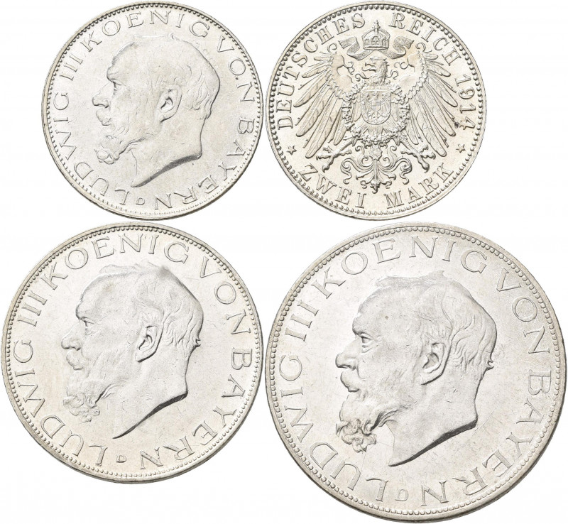 Bayern: Ludwig III. 1913-1918: 2 Mark, 3 Mark und 5 Mark 1914 D, Jaeger 51/52/53...