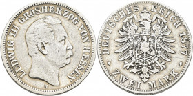 Hessen: Ludwig III. 1848-1877: 2 Mark 1877 H, Jaeger 66, fast sehr schön.
 [differenzbesteuert]