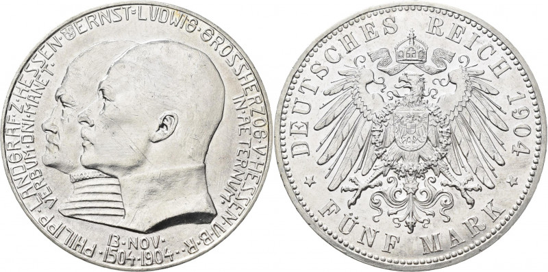 Hessen: Ernst Ludwig 1892-1918: 5 Mark 1904 A, Zum 400. Geb. Philipps des Großmü...