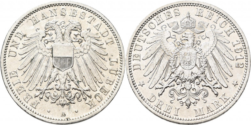 Lübeck: 3 Mark 1912 A, Jaeger 82, sehr schön - vorzüglich.
 [differenzbesteuert...