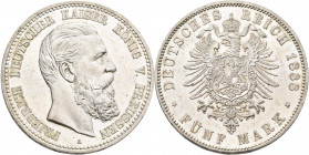 Preußen: Friedrich III. 1888: 5 Mark 1888 A, Jaeger 99, feinste Kratzer, winziger Randfehler, fast Stempelglanz.
 [differenzbesteuert]