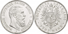 Preußen: Friedrich III. 1888: 5 Mark 1888 A, Jaeger 99, feinste Kratzer, zaponiert, fast Stempelglanz.
 [differenzbesteuert]