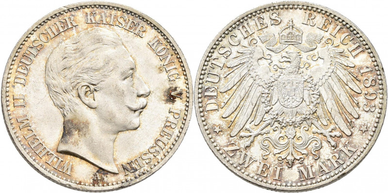 Preußen: Wilhelm II. 1888-1918: 2 Mark 1893 A, Jaeger 102, feine Patina, vorzügl...