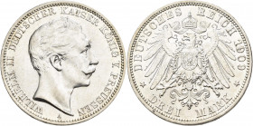 Preußen: Wilhelm II. 1888-1918: 3 Mark 1909, Jaeger 103, feine Haarlinien, sonst Stempelglanz.
 [differenzbesteuert]