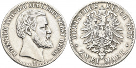 Reuß älterer Linie: Heinrich XXII. 1859-1902: 2 Mark 1877, Jaeger 116. Kratzer, fast sehr schön.
 [differenzbesteuert]