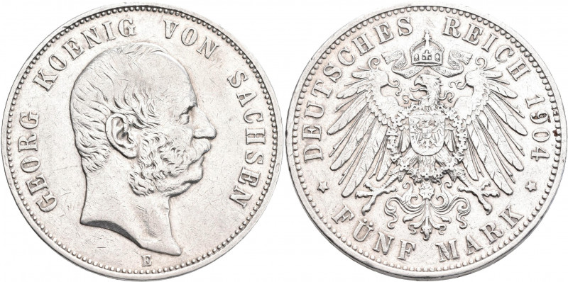 Sachsen: Georg 1902-1904: 5 Mark 1904 E, Jaeger 130, Kratzer, sehr schön.
 [dif...