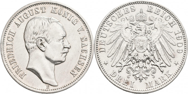 Sachsen: Friedrich August III. 1904-1918: 3 Mark 1909, Jaeger 135, Kratzer auf K...