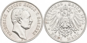 Sachsen: Friedrich August III. 1904-1918: 3 Mark 1909, Jaeger 135, Kratzer auf Kopfseite, kleiner Randfehler, sehr schön - vorzüglich.
 [differenzbes...