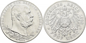 Sachsen-Altenburg: Ernst 1853-1908: 5 Mark 1903 A, 50jähriges Regierungsjubiläum, Jaeger 144, Stempelglanz.
 [differenzbesteuert]