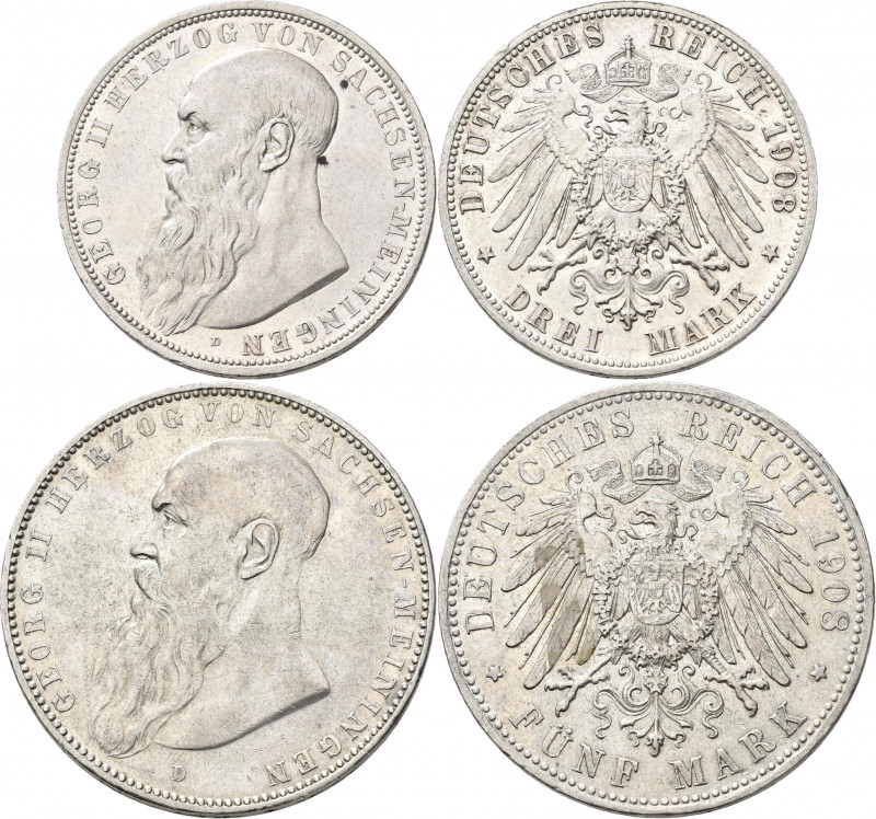 Sachsen-Meiningen: Georg II. 1866-1914: 5 Mark 1908 D, Jaeger 153b, Kratzer, ss-...