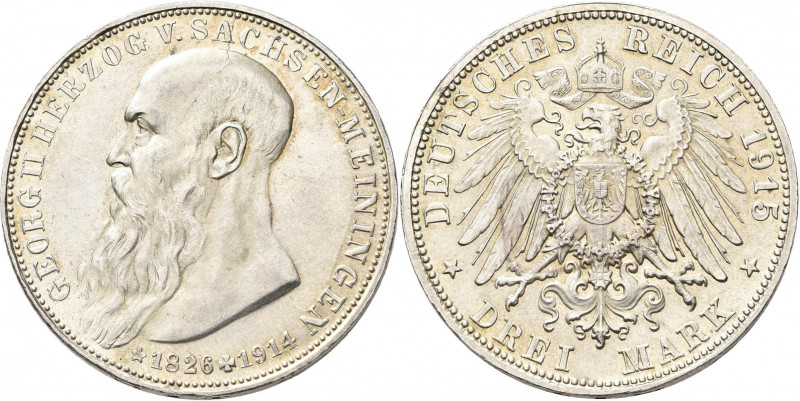 Sachsen-Meiningen: Georg II. 1866-1914: 3 Mark 1915, auf seinen Tod, Jaeger 155,...