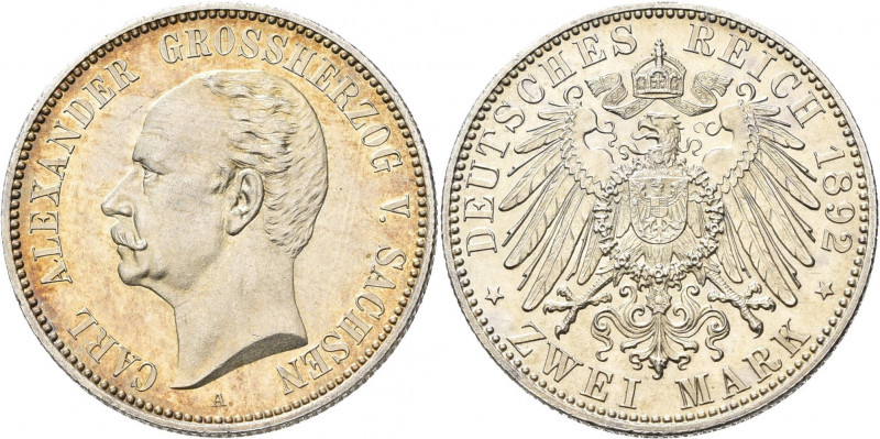 Sachsen-Weimar-Eisenach: Carl Alexander 1853-1901: 2 Mark 1892, Jaeger 156, Erst...