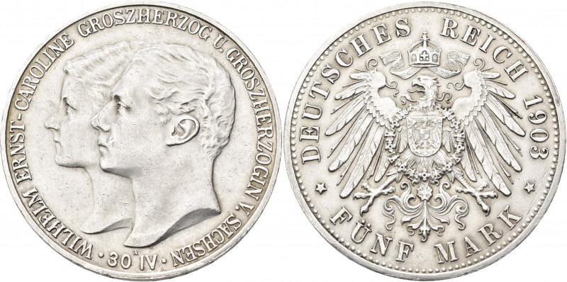 Sachsen-Weimar-Eisenach: Wilhelm Ernst 1901-1918: 5 Mark 1903 A, auf die Hochzei...