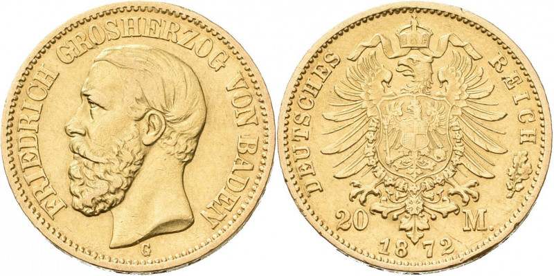 Baden: Friedrich I. 1852-1907: 20 Mark 1872 G, Jaeger 184. 7,91 g, 900/1000 Gold...