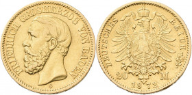 Baden: Friedrich I. 1852-1907: 20 Mark 1872 G, Jaeger 184. 7,91 g, 900/1000 Gold. Feine Kratzer, winzige Randschäden, sehr schön - vorzüglich.
 [zzgl...
