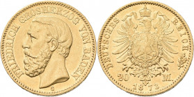 Baden: Friedrich I. 1852-1907: 20 Mark 1873 G, Jaeger 184. 7,91 g, 900/1000 Gold. Feine Kratzer, winzige Randschäden, sehr schön - vorzüglich.
 [zzgl...