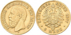 Baden: Friedrich I. 1852-1907: 5 Mark 1877 G, Jaeger 185. 1,96 g, 900/1000 Gold. Kratzer, Randfehler, sehr schön.
 [differenzbesteuert]
